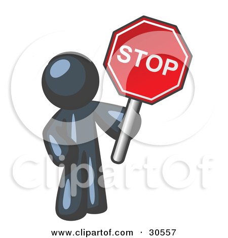 Clipart Illustration of a Navy Blue Man Holding a Red Stop Sign by Leo Blanchette