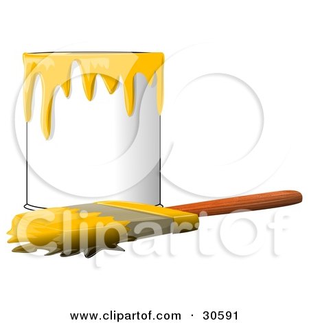 Clipart Illustration of a Wood Handled Paintbrush With Yellow Paint On The Bristles, Resting In Front Of A Can Of Yellow Paint by djart