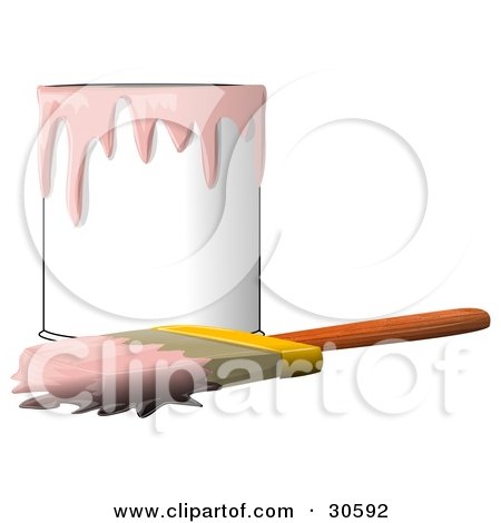 Clipart Illustration of a Wood Handled Paintbrush With Pink Paint On The Bristles, Resting In Front Of A Can Of Pink Paint by djart