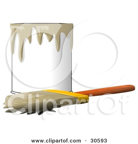 Clipart Illustration of a Wood Handled Paintbrush With Brown Paint On The Bristles, Resting In Front Of A Can Of Brown Paint by djart