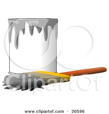 Clipart Illustration of a Wood Handled Paintbrush With Gray Paint On The Bristles, Resting In Front Of A Can Of Gray Paint by djart