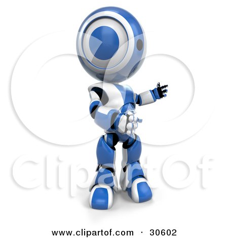 Clipart Illustration of a Blue And White AO-Maru Robot Standing And Facing To The Right As If Presenting Something by Leo Blanchette