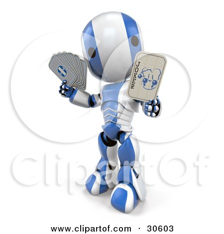 Clipart Illustration of a Silver And White AO-Maru Robot Holding A Joker Playing Card by Leo Blanchette
