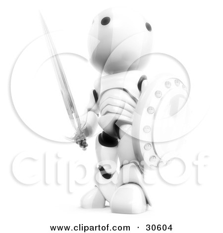 Clipart Illustration of a Shining White AO-Maru Robot Standing And Looking Off, Holding A Sword And A Shield by Leo Blanchette