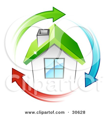 Clipart Illustration of a Circle Of Green, Blue And Red Arrows Around A Small White House With A Green Roof by beboy