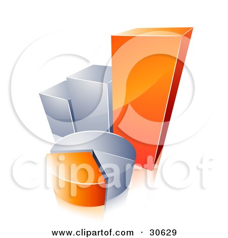 Clipart Illustration of an Orange And Chrome Pie Chart In Front Of A Growing Bar Graph by beboy