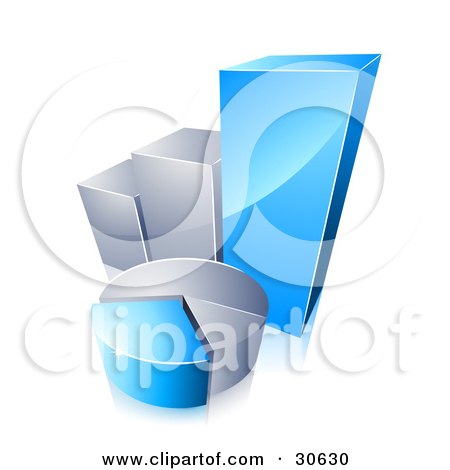 Clipart Illustration of a Blue And Chrome Pie Chart In Front Of A Growing Bar Graph by beboy