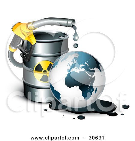 Clipart Illustration of a Yellow Petrol Nozzle Dripping Oil Over The Earth In Front Of A Barrel Of Gas by beboy