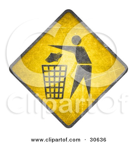 Clipart Illustration of a Yellow Warning Sign With A Person Tossing Garbage In A Trash Can by beboy