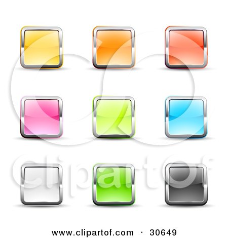 Clipart Illustration of a Set Of Nine Yellow, Pink, White, Orange, Green, Red, Blue And Black Square Button Icons Bordered In Chrome by beboy
