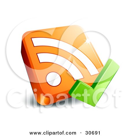 Clipart Illustration of a Green Check Mark In Front Of An Orange 3d RSS Symbol by beboy