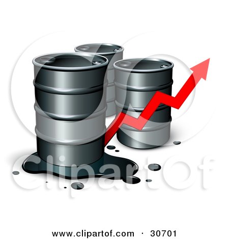 Clipart Illustration of Three Unmarked Barrels Of Oil, One With A Spill, And A Red Arrow Showing An Increase Of Gasoline Consumption Or The Rise In Cost by beboy