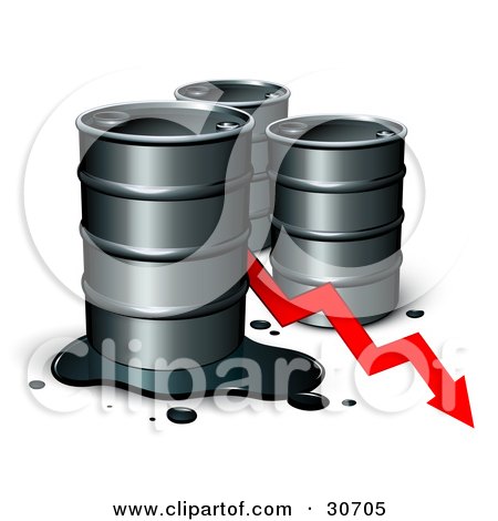 Clipart Illustration of Three Unmarked Barrels Of Oil With A Spill And A Red Arrow Showing A Decrease Of Gasoline Consumption Or In Cost by beboy