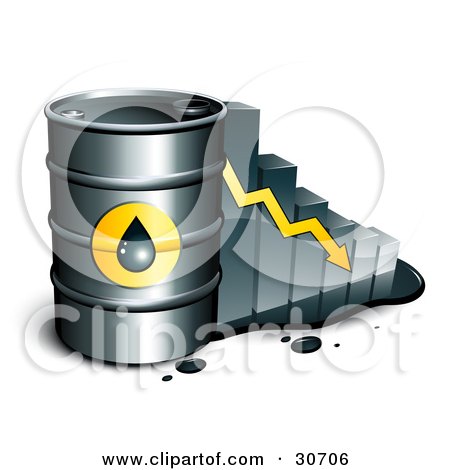 Clipart Illustration of a Barrel Of Gasoline And Yellow Arrow In Front Of A Bar Graph Depicting A Steady Decline by beboy