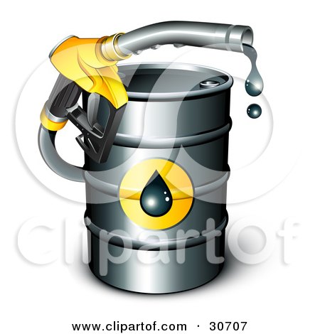 Clipart Illustration of a Yellow Petrol Nozzle Emerging From A Barrel Of Gasoline, Dripping Oil by beboy
