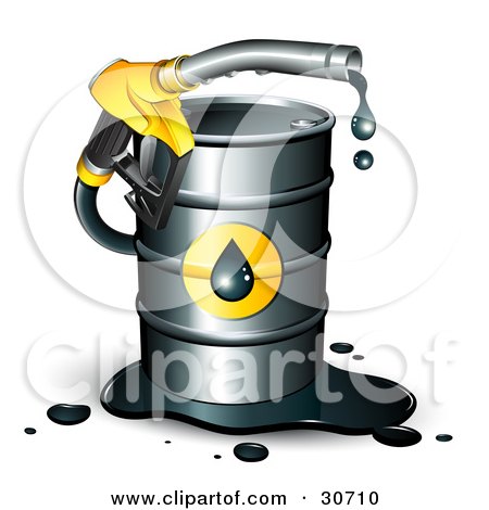Clipart Illustration of a Yellow Dripping Petrol Nozzle Emerging From A Barrel Of Gasoline by beboy