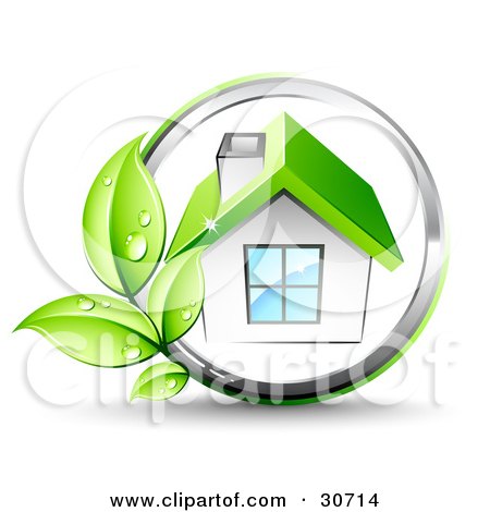 Clipart Illustration of an Organic Vine Growing On A Chrome Circle Around A White House With A Green Roof by beboy