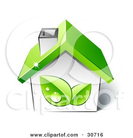Clipart Illustration of Two Green Dewy Leaves On The Side Of A Small Home With A Green Roof  by beboy