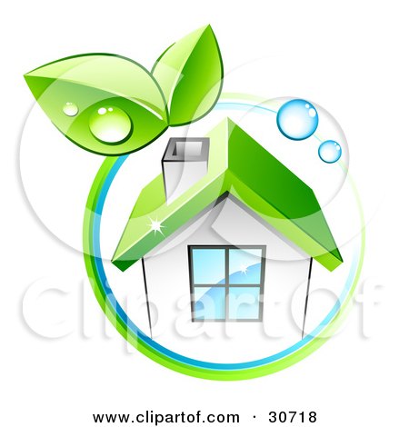 Clipart Illustration of a Circle Of Dew Drops And Green Leaves Around A White Eco Friendly Home by beboy