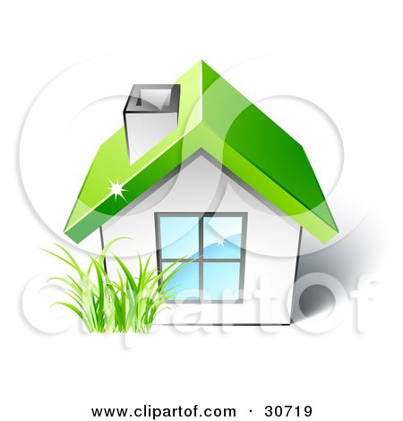Clipart Illustration of Green Grass Growing In Front Of A Small White House With A Large Window And Green Roof by beboy