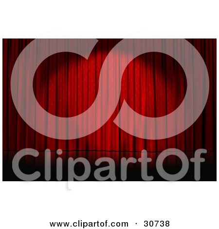 Clipart Illustration of a Spotlight And Star Patterns Cast On Closed Red Curtains On An Empty Stage by Frog974