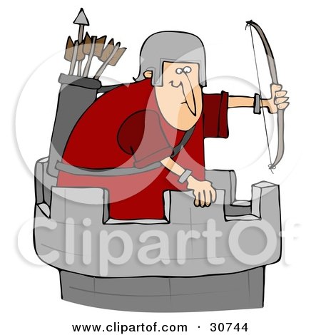 Clipart Illustration of an Archer Soldier In A Tower, Defending A Fortress With A Bow And Arrows by djart