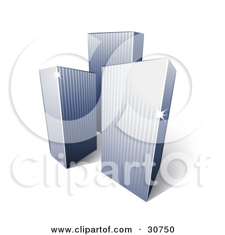 Clipart Illustration of Three Tall City Highrise Buildings With Sunlight Beaming Off Of The Corners  by beboy