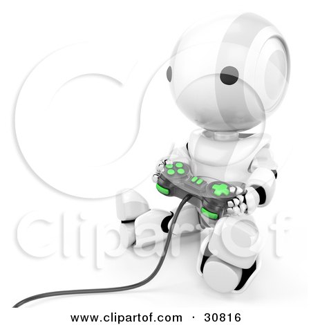Clipart Illustration of a White AO-Maru Robot Sitting On The Floor And Playing A Video Game With A Controller by Leo Blanchette