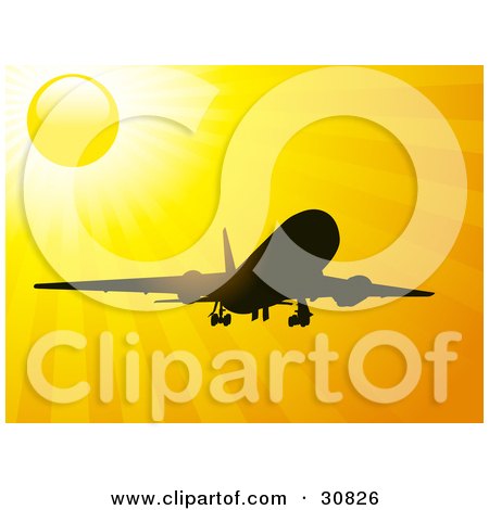 Clipart Illustration of an Airplane Silhouetted In Black Against A Bright Yellow Sun And Sunshine In The Sky by elaineitalia