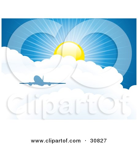 Clipart Illustration of a Blue Silhouetted Airplane Above Puffy White Clouds In A Blue Sky With A Sun And Rays Of Sunshine by elaineitalia
