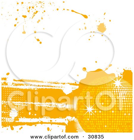 Clipart Illustration of a Disco Funky Grunge Background Of A Yellow Sparkling Disco Ball With Splatters On White by elaineitalia