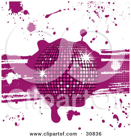 Clipart Illustration of a Sparkling Purple Disco Ball On An Abstract Purple And White Grunge Background With Drips And Splatters by elaineitalia