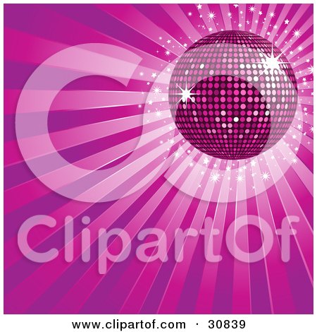 Clipart Illustration of a Spinning Purple Disco Ball With Stars On A Purple Background Of Light Rays by elaineitalia