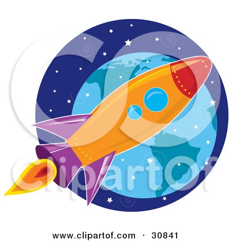Clipart Illustration of a Space Exploration Shuttle Flying In The Starry Sky Near Planet Earth by Maria Bell