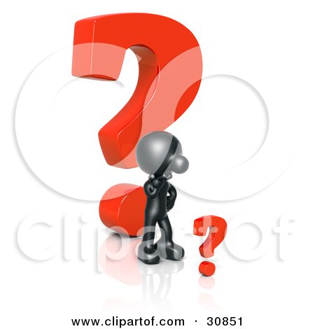 Clipart Illustration of a 3d Rendered Black Person Standing In Front Of A Red Question Mark And Thinking, Looking At A Smaller Question Mark by Tonis Pan