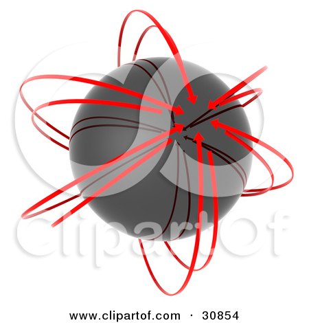Clipart Illustration of a 3d Rendered Black Orb Circled By Red Arrows Pointing In The Same Spot, Symbolizing Solutions And Goals by Tonis Pan