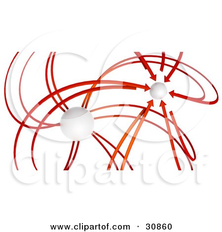 Clipart Illustration of 3d Rendered Red Arrows Spawning From A White Orb, All Pointing At Another Orb In The Distance, Symbolizing Goals by Tonis Pan