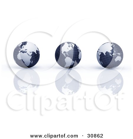 Clipart Illustration of a 3d Rendered Line Of Three Blue Grid Globes Reflecting On A White Surface by Tonis Pan