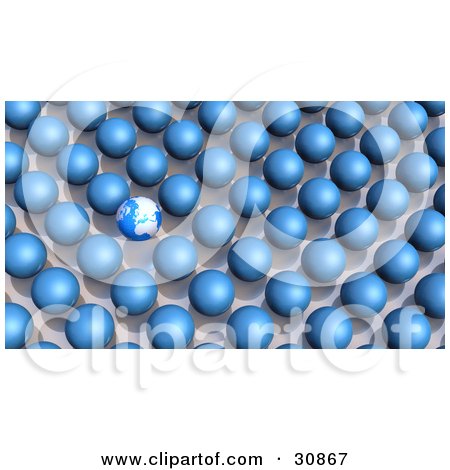 Clipart Illustration of a 3d Rendered Planet Earth With Continents, Standing Out From A Crowd Of Plain Blue Orbs by Tonis Pan