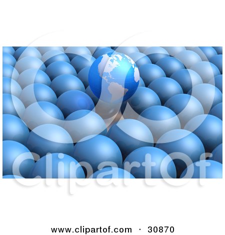 Clipart Illustration of a 3d Rendered Planet Earth Hovering Above A Crowd Of Plain Blue Planets by Tonis Pan
