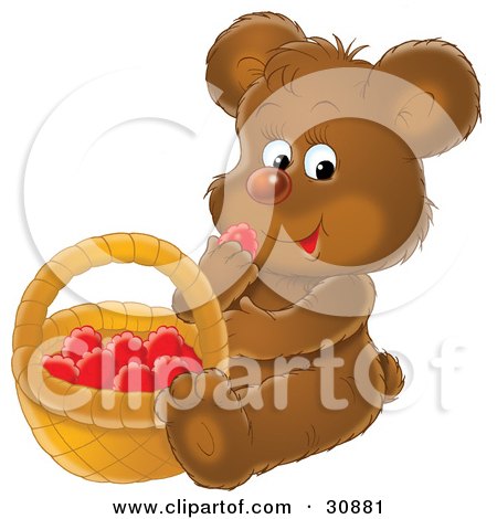 Clipart Illustration of a Hungry Brown Bear Cub Sitting And Eating Red Berries From A Basket by Alex Bannykh