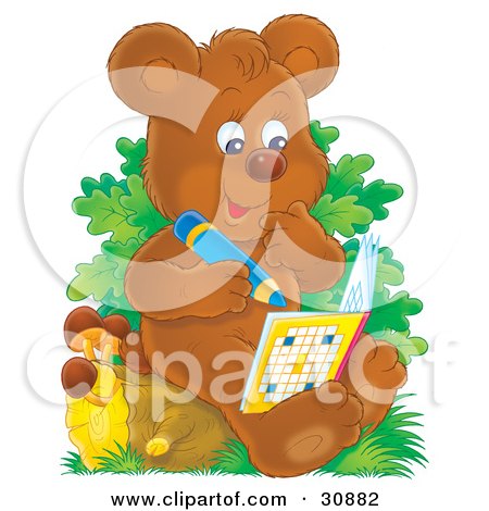 Clipart Illustration of a Smart Bear Cub Sitting On A Tree Stump, Writing In A Puzzle Book by Alex Bannykh