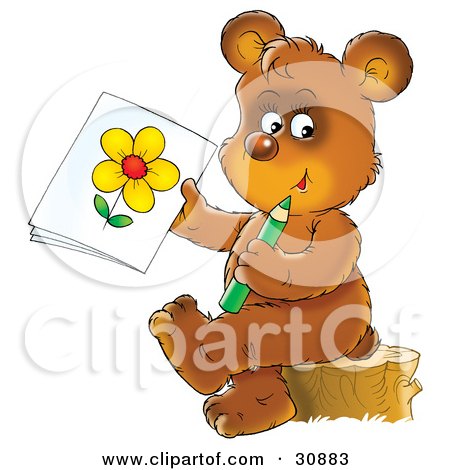 Clipart Illustration of an Artistic Brown Bear Cub Sitting On A Tree Stump And Holding Up A Drawing Of A Flower by Alex Bannykh