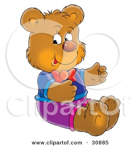 Clipart Illustration of a Bear Cub Wearing Clothing, Sitting On The Floor And Smiling by Alex Bannykh