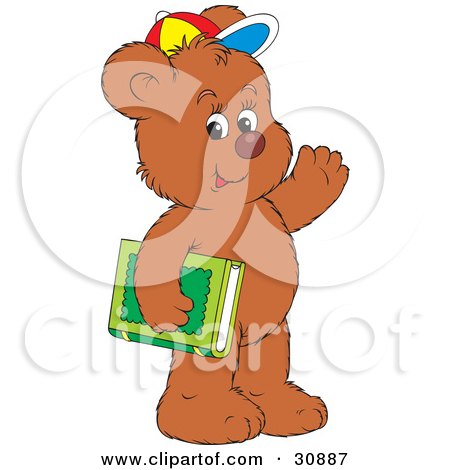 Clipart Illustration of a Friendly Bear Cub Student Wearing A Colorful Hat, Waving And Carrying A Green Library Or School Book by Alex Bannykh