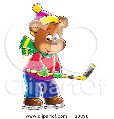 Clipart Illustration of a Bear Cub Holding A Stick And Playing Ice Hockey by Alex Bannykh