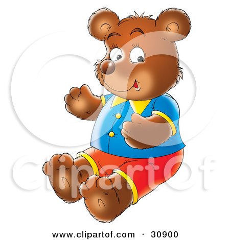 Clipart Illustration of a Bear Dressed In Clothing, Sitting On The Ground And Smiling by Alex Bannykh