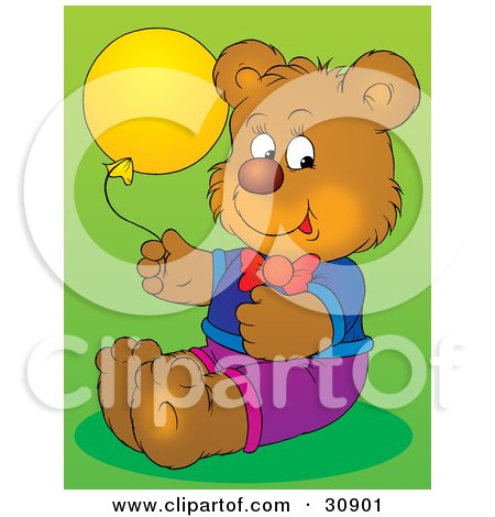 Clipart Illustration of a Happy Brown Birthday Bear Dressed In Clothes, Holding A Yellow Party Balloon, Over A Green Background by Alex Bannykh