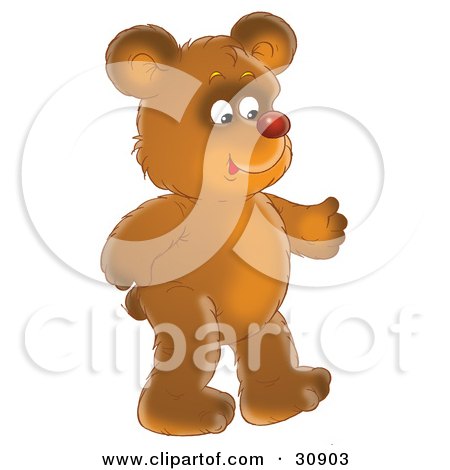 Clipart Illustration of a Happy Brown Bear With A Red Nose, Walking Upright On His Hind Legs by Alex Bannykh
