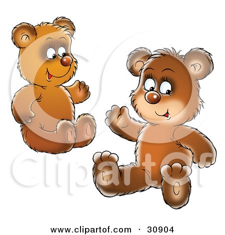 Clipart Illustration of Two Bear Cubs, Siblings Or Friends, Sitting On The Ground And Waving by Alex Bannykh